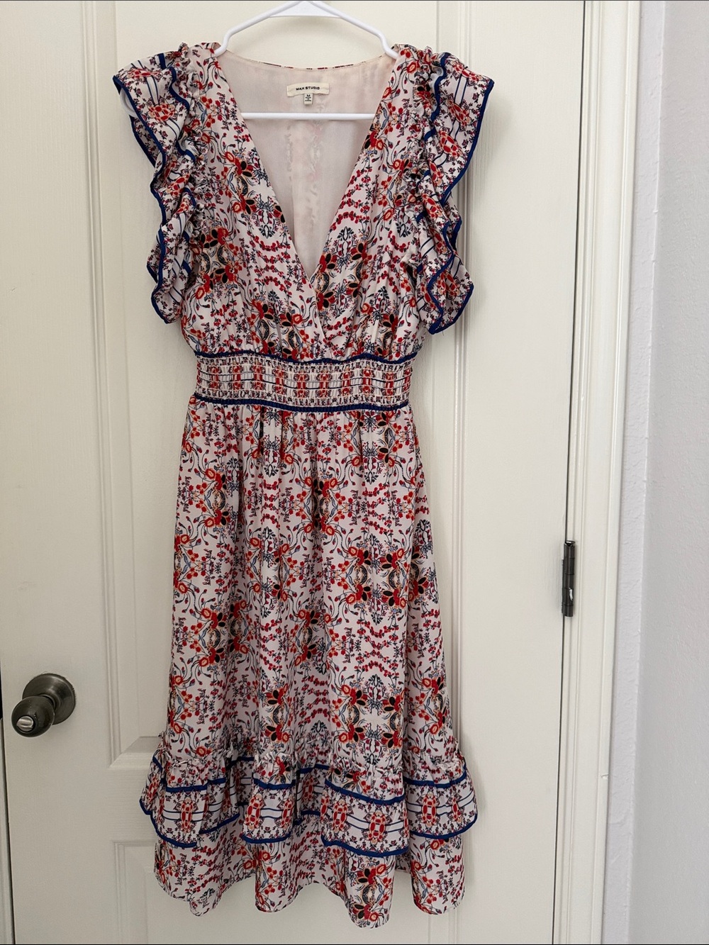 Max Studio White Midi Dress with Red and Blue Floral Print